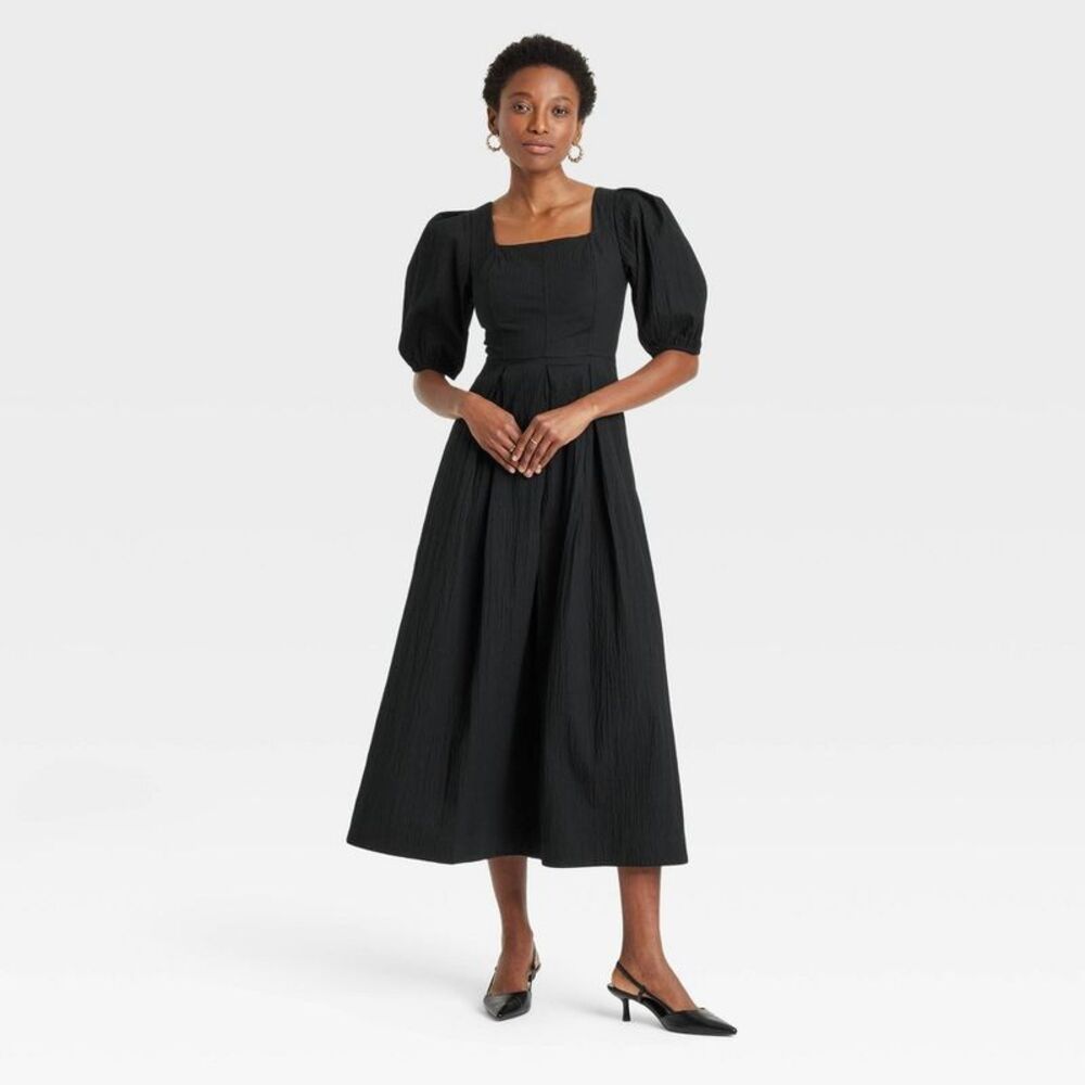 a new day Black Seersucker Square-Neck Midi Dress black size L